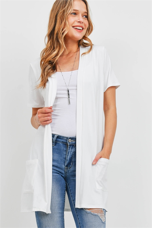 S10-14-2-PPC3017-IV-1 - OPEN FRONT SHORT SLEEVES SIDE POCKETS CARDIGAN- IVORY 1-2-0-2