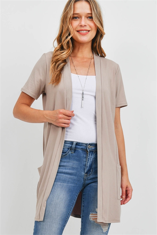 S8-14-4-PPC3017-LTMC-1 - OPEN FRONT SHORT SLEEVES SIDE POCKETS CARDIGAN- LIGHT MOCHA 0-2-2-2