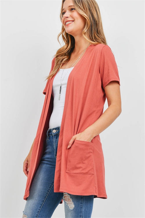 S8-14-4-PPC3017-MAR-1 - OPEN FRONT SHORT SLEEVES SIDE POCKETS CARDIGAN- MARSALA 0-2-2-2