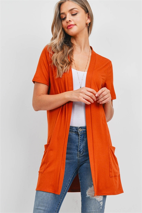 S10-14-3-PPC3017-RU-1 - OPEN FRONT SHORT SLEEVES SIDE POCKETS CARDIGAN- RUST 0-2-2-1