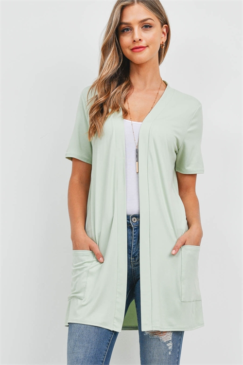 S10-19-1-PPC3017-SG-1 - OPEN FRONT SHORT SLEEVES SIDE POCKETS CARDIGAN- SAGE 0-2-2-0