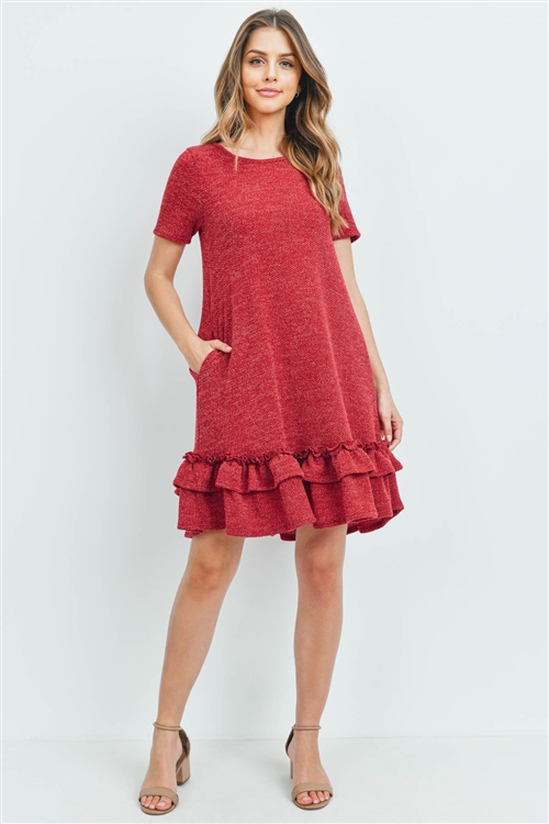 C84-A-1-PPD1002SS-WN - SHORT SLEEVED DRAKE LAYERED RUFFLE HEM DRESS- WINE 1-2-2-2