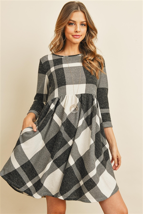 S9-16-2-PPD1005-OFWTBK - 3/4 SLEEVE PLAID DRESS- OFF-WHITE BLACK 1-2-2-2