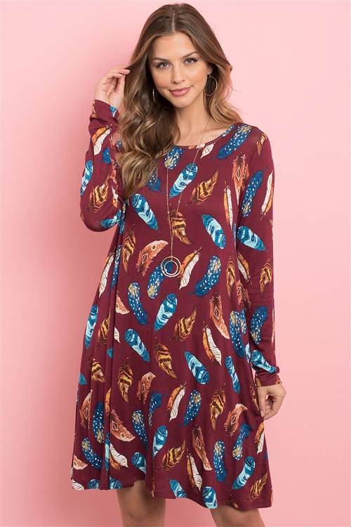 S12-12-4-PPD1012-BU - LONG SLEEVE FEATHER PRINT POCKET DRESS- BURGUNDY 1-2-2-2