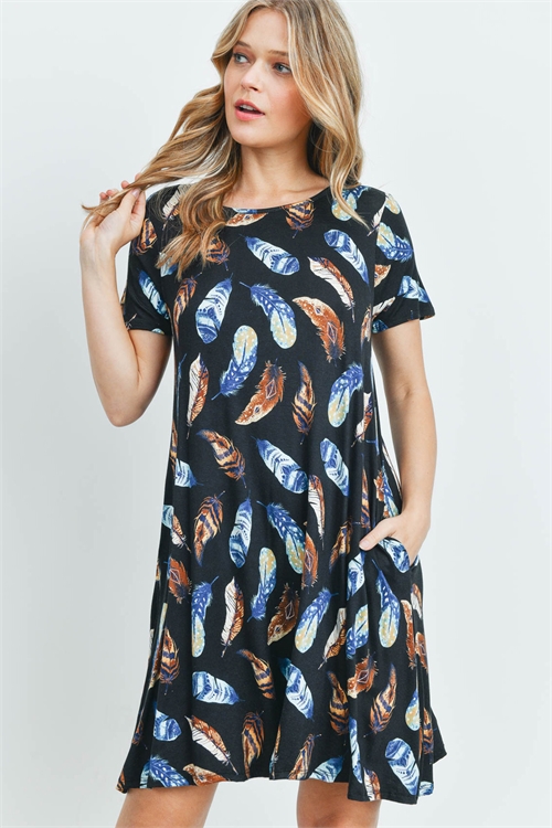 C20-A-3-PPD1012SS-BK - SHORT SLEEVE FEATHER PRINT POCKET DRESS- BLACK 1-2-2-2