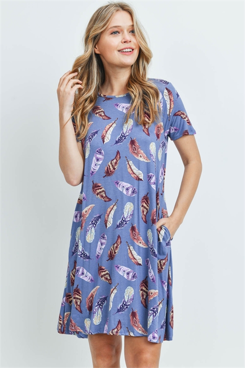 C20-A-2-PPD1012SS-BLSLT - SHORT SLEEVE FEATHER PRINT POCKET DRESS- BLUE SLATE 1-2-2-2