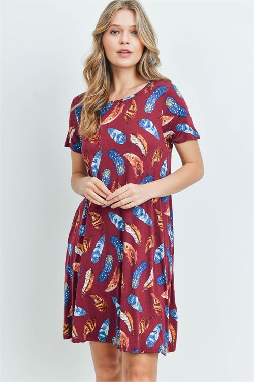 C30-A-1-PPD1012SS-BU-1 - SHORT SLEEVE FEATHER PRINT POCKET DRESS- BURGUNDY 0-2-2-2