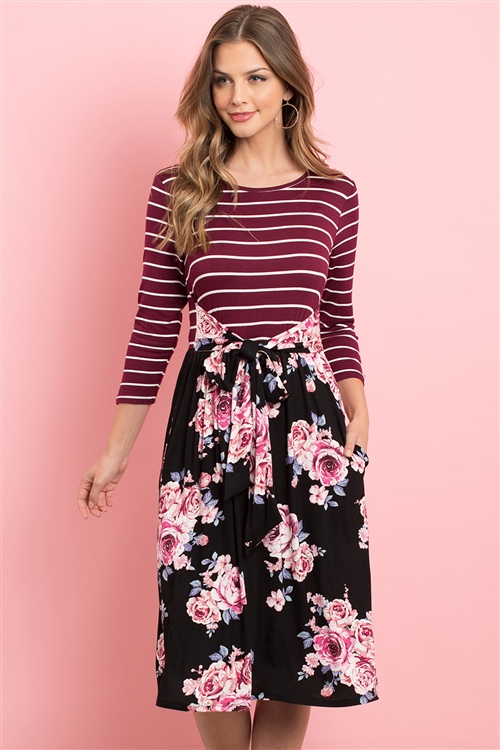 S11-9-1-PPD1014-BUIVBK - STRIPES FRONT RIBBON DETAIL FLORAL HEM DRESS- BURGUNDY-IVORY/BLACK 1-2-2-2