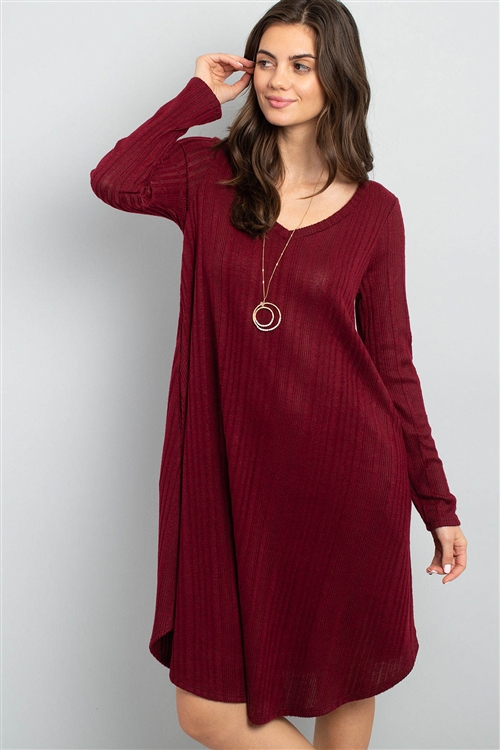 S16-4-2-PPD1017-BU - SOLID RIB DETAIL LONG SLEEVES V-NECK ROUND HEM DRESS- BURGUNDY 1-2-2-2