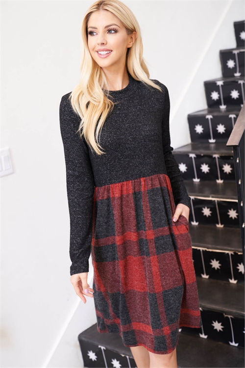 S16-2-2-PPD1018-BK2TRDBK - TWO TONED HIGH NECK LONG SLEEVES PLAID CONTRAST DRESS- BLACK 2TONE/RED-BLACK 1-2-2-2