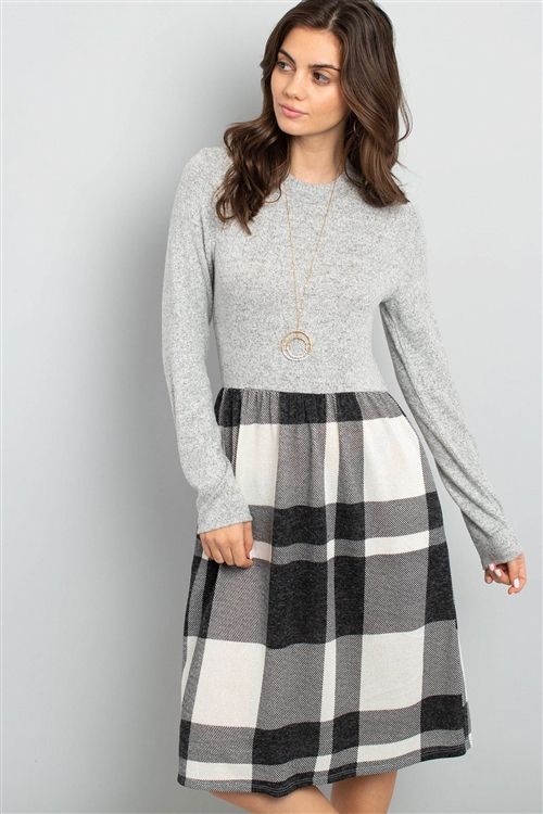 S16-5-2-PPD1018-HGOFWBK - TWO TONED HIGH NECK LONG SLEEVES PLAID CONTRAST DRESS- HEATHER GREY/OFFWHITE-BLACK 1-2-2-2