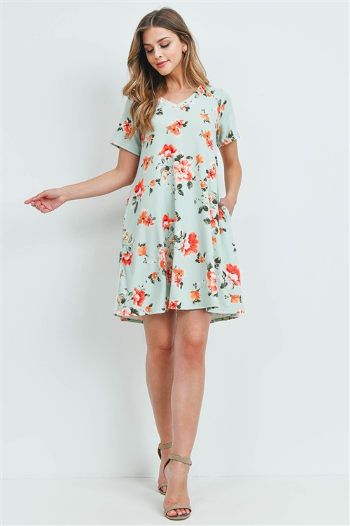 S15-11-5-PPD1023-MNT-1 - FLORAL SHORT SLEEVES V-NECK ON SEAM POCKET DRESS- MINT 2-2-1