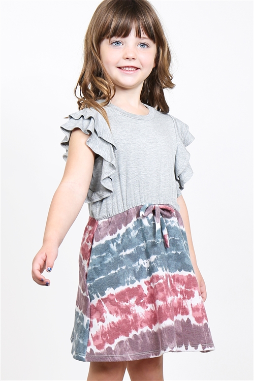 S10-16-3-PPD1025T-HGTLWNP-1 - KIDS GIRLS FLUTTER SLEEVES TWO TONED TOP CINCH WAIST TIE DYE BOTTOM DRESS- HEATHER GREY/TEAL/WINE/PURPLE 1-1-2-2