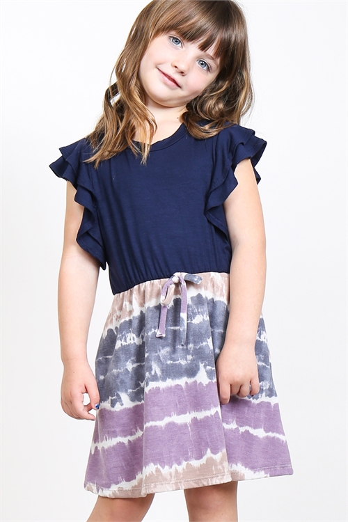 S10-6-1-PPD1025T-NVPPLTP - KIDS GIRLS FLUTTER SLEEVES TWO TONED TOP CINCH WAIST TIE DYE BOTTOM DRESS- NAVY/PURPLE/TAUPE 2-2-2-2