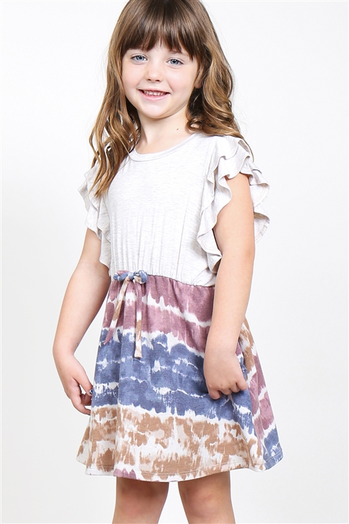 S10-16-3-PPD1025T-SXOTPNV-1 - KIDS GIRLS FLUTTER SLEEVES TWO TONED TOP CINCH WAIST TIE DYE BOTTOM DRESS- SEXY OATMEAL/TAUPE/NAVY 1-2-2
