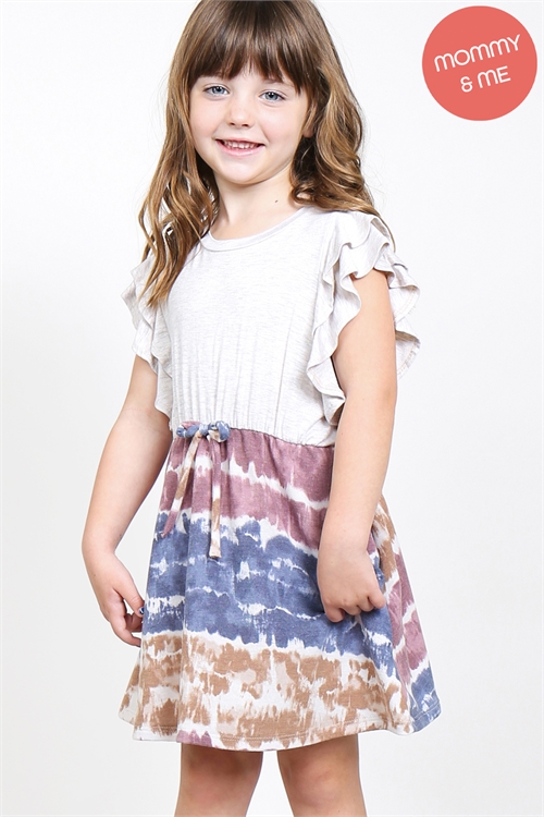S10-6-1-PPD1025T-SXOTPNV - KIDS GIRLS FLUTTER SLEEVES TWO TONED TOP CINCH WAIST TIE DYE BOTTOM DRESS- SEXY OATMEAL/TAUPE/NAVY 2-2-2-2