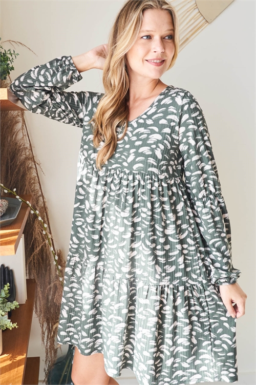 SA4-6-3-PPD10270-OVBG-1 - PUFF SLEEVE V-NECK FEATHER PRINT DRESS- OLIVE-BEIGE 0-2-2-2