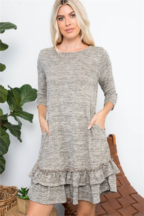 S10-7-4-PPD10273-OTM - ROUND NECK MERROW DETAIL TIERED HEM DRESS- OATMEAL 2-0-1-2