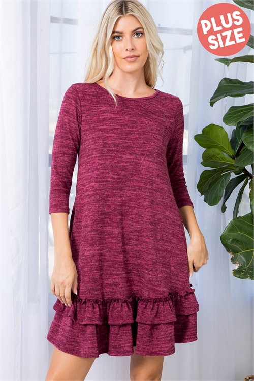 S12-8-4-PPD10273X-BU-1 - PLUS SIZE ROUND NECK MERROW DETAIL TIERED HEM DRESS- BURGUNDY 2-2-1