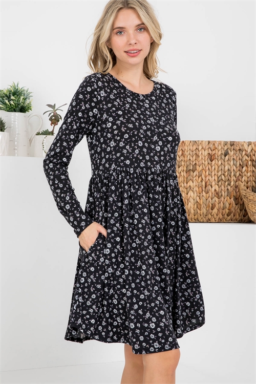 S11-17-4-PPD10275-BK - FLORAL LONG SLEEVE SHIRRING DRESS- BLACK 1-2-2-2