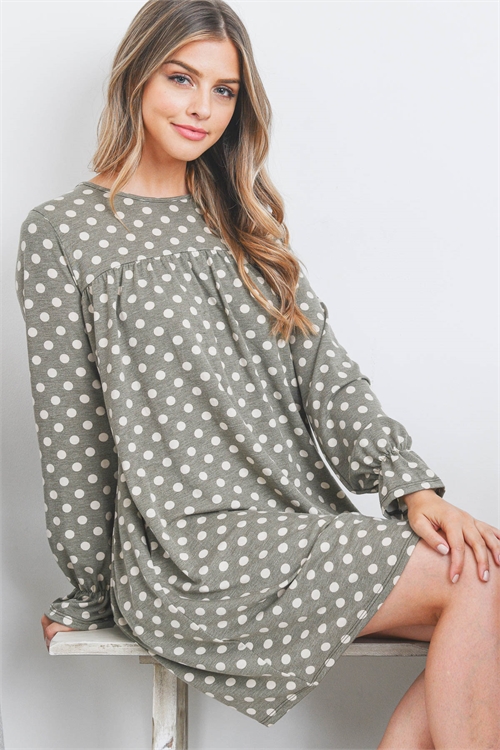 S16-9-4-PPD10284-OV-1 - RUFFLE LONG SLEEVE POLKA DOT SHIRRING DETAIL DRESS- OLIVE 0-3-1-1