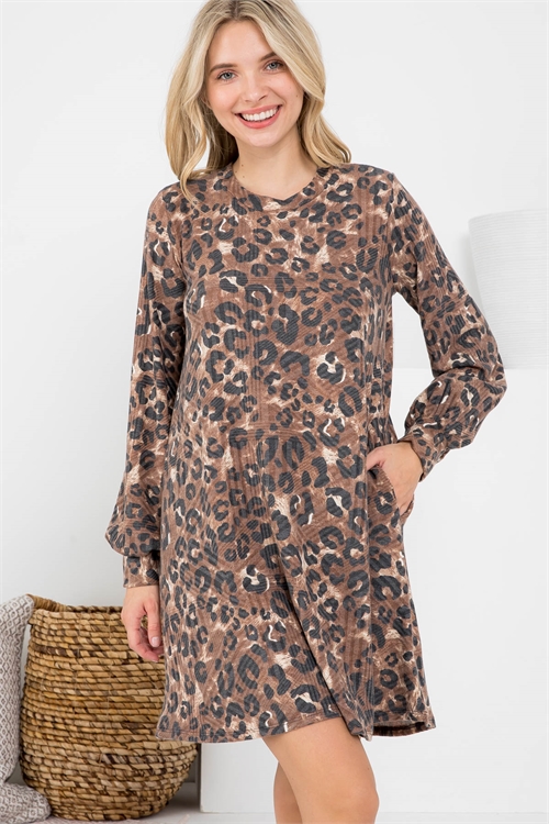 S16-7-3-PPD10289-BKCCTP-1 - MEDIA RIB LEOPARD PRINT LONG SLEEVE DRESS- BLACK-COCO-TAUPE 0-2-2-2