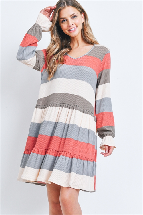 S9-11-2-PPD10293-MCLTGY - MULTI-COLOR V-NECK LONG RUFFLE SLEEVE SHIRRING DRESS- MOCHA-LIGHT GREY 1-2-2-2