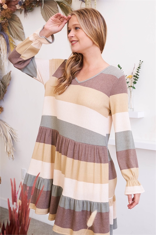 S11-20-4-PPD10293-OVBWN-1 - MULTI-COLOR V-NECK LONG RUFFLE SLEEVE SHIRRING DRESS- OLIVE-BROWN 0-2-1-2