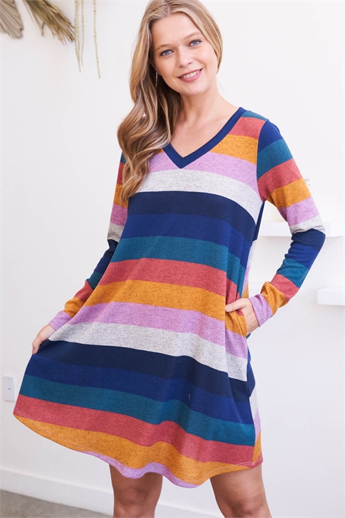 S9-19-3-PPD10296-NVCRLMV-1 - MULTI-COLOR HACCI STRIPES LONG SLEEVE DRESS- NAVY-CORAL-MAUVE 0-0-2-1