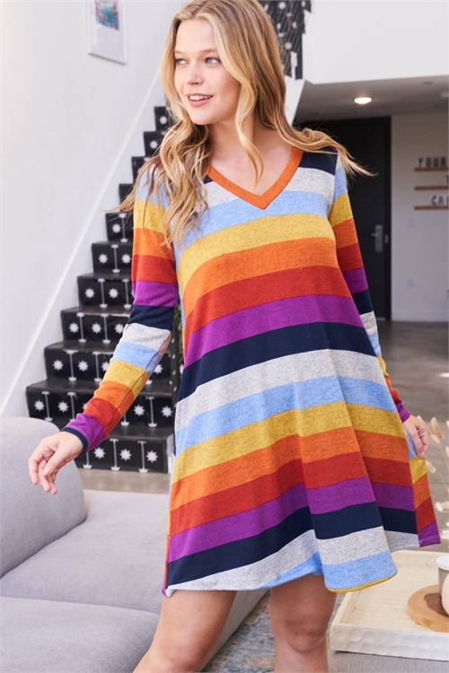 S4-8-2-PPD10296-PPLORGBL - MULTI-COLOR HACCI STRIPES LONG SLEEVE DRESS- PURPLE-ORANGE-BLUE 1-2-2-2