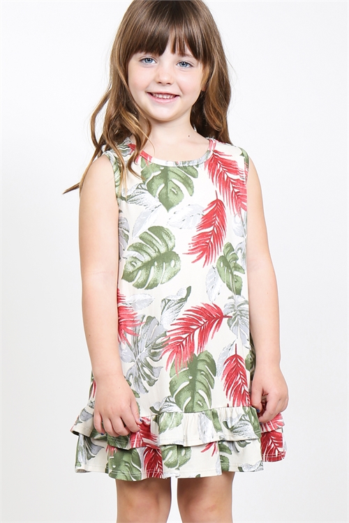OS-PPD1029T-IVCMB - KIDS GIRLS SLEEVELESS TROPICAL PRINT RUFFLE HEM DRESS- IVORY COMBO(Out of Stock; No More Incoming)