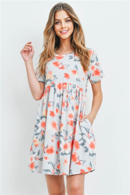 S10-15-1-PPD1030-ANTQSVCRL-1 - PAINTERLY FLORAL PRINT SHORT SLEEVES DRESS- ANTIQUE SILVER/CORAL 2-2-2