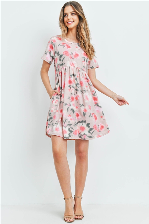 S10-15-1-PPD1030-RSGDPC-1 - PAINTERLY FLORAL PRINT SHORT SLEEVES DRESS- ROSE GOLD/PUNCH 2-2-2