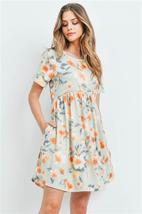 S13-11-4-PPD1030-SGMG - PAINTERLY FLORAL PRINT SHORT SLEEVES DRESS- SAGE/MANGO 1-2-2-2