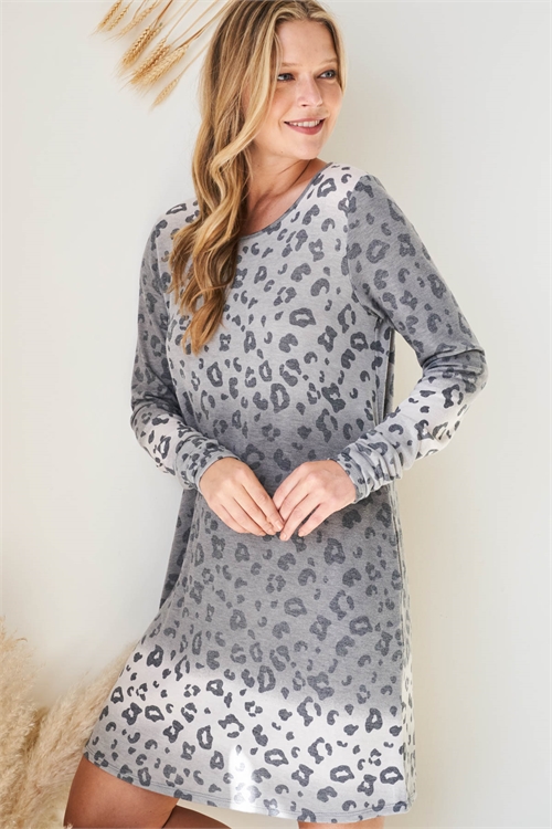 S11-9-3-PPD10302-GYBK - LONG SLEEVE OMBRE LEOPARD DRESS WITH SIDE POCKET- GREY-BLACK 1-2-2-2