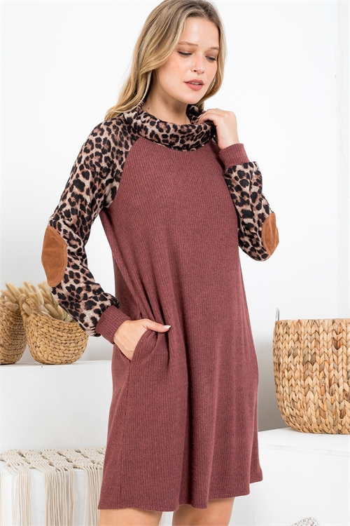 S9-12-4-PPD10303-DRUBKBWN-1 - LEOPARD COWL NECK LONG SLEEVE SUEDE ELBOW PATCH DRESS- D. RUST-BLACK/BROWN 0-1-2-0