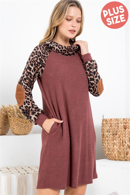 S4-10-3-PPD10303X-DRUSTBKBWN-1 - PLUS SIZE LEOPARD COWL NECK LONG SLEEVE SUEDE ELBOW PATCH DRESS- D.RUST-BLACK/BROWN 2-2-0