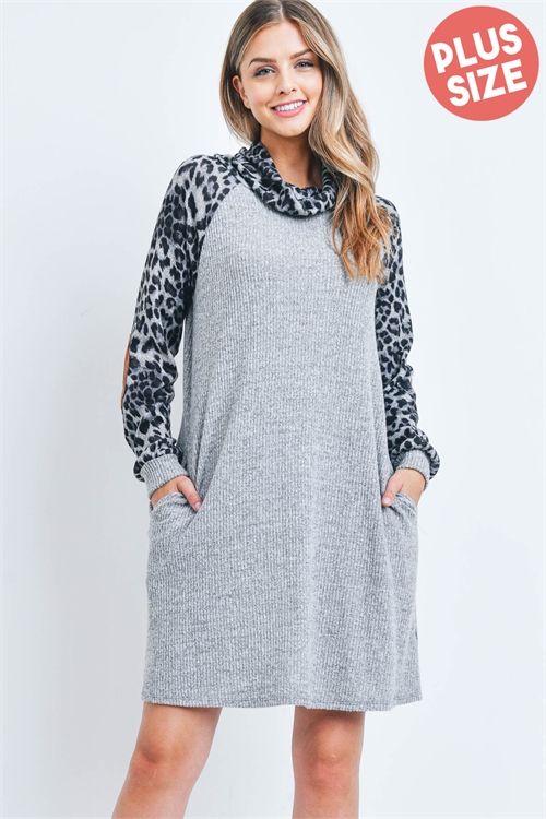 S10-19-1-PPD10303X-NTLBKGY - PLUS SIZE LEOPARD COWL NECK LONG SLEEVE SUEDE ELBOW PATCH DRESS- NATURAL-BLACK/GREY 3-2-1