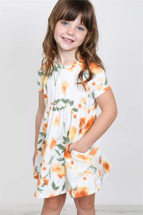 S16-1-4-PPD1030T-OFWPSM - TODDLER GIRLS PAINTERLY FLORAL PRINT SHORT SLEEVES DRESS- OFF-WHITE/PERSIMMON 2-2-2-2