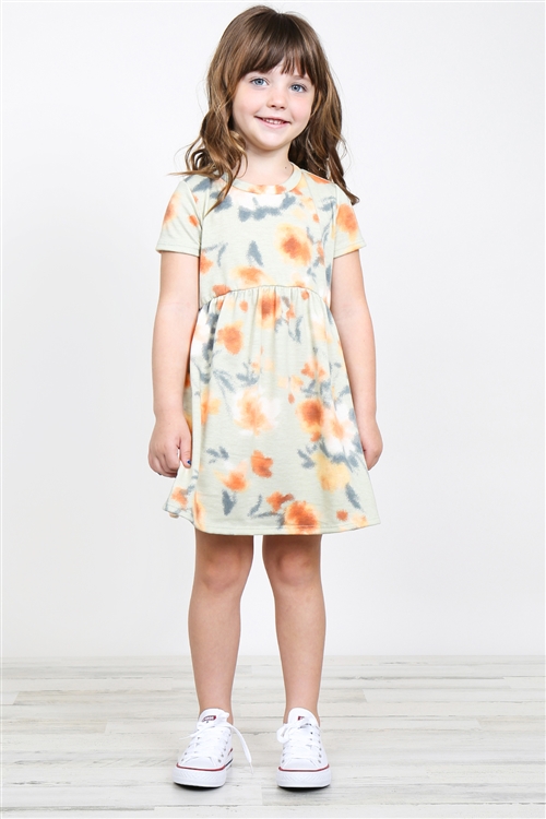S16-10-2-PPD1030T-SGMG-1 - TODDLER GIRLS PAINTERLY FLORAL PRINT SHORT SLEEVES DRESS- SAGE/MANGO 1-2-1-2