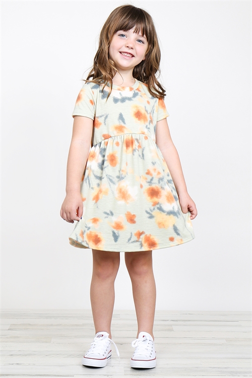 S7-8-1-PPD1030T-SGMG - TODDLER GIRLS PAINTERLY FLORAL PRINT SHORT SLEEVES DRESS- SAGE/MANGO 2-2-2-2