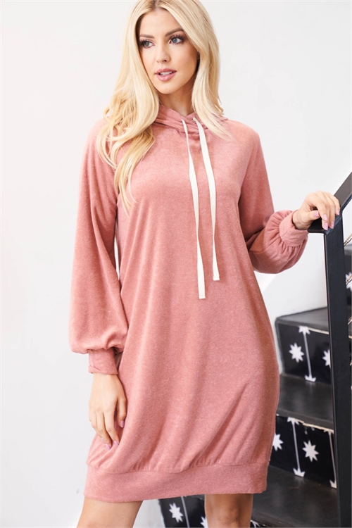 S15-11-3-PPD10313-DKBLS-1 - PUFF SLEEVE HOODIE DRESS WITH SELF TIE- DARK BLUSH 0-2-2-2