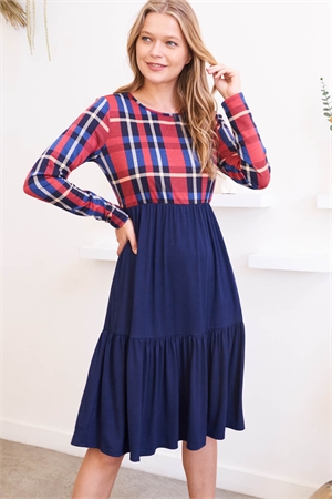 S10-4-4-PPD10316-SCRLTNV-1 - LONG SLEEVE PLAID TOP SOLID SHIRRING HEM DRESS- SCARLET/NAVY 0-1-2-2