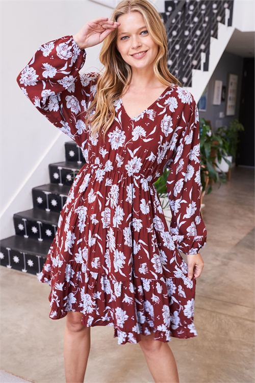 S10-18-1-PPD10317-CHCLT - FLORAL V-NECK ELASTIC WAIST SHIRRING DRESS- CHOCOLATE 1-2-2-2