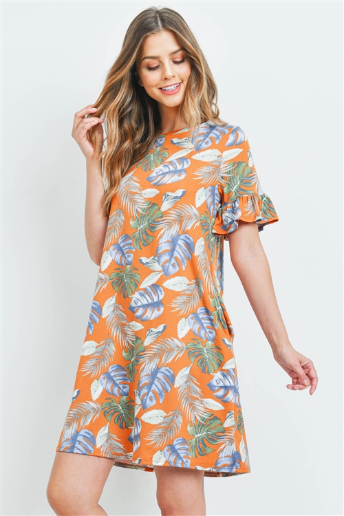 S10-2-3-PPD1032-RSTCMB - TROPICAL PRINT RUFFLE SLEEVES DRESS- RUST COMBO 1-2-2-2