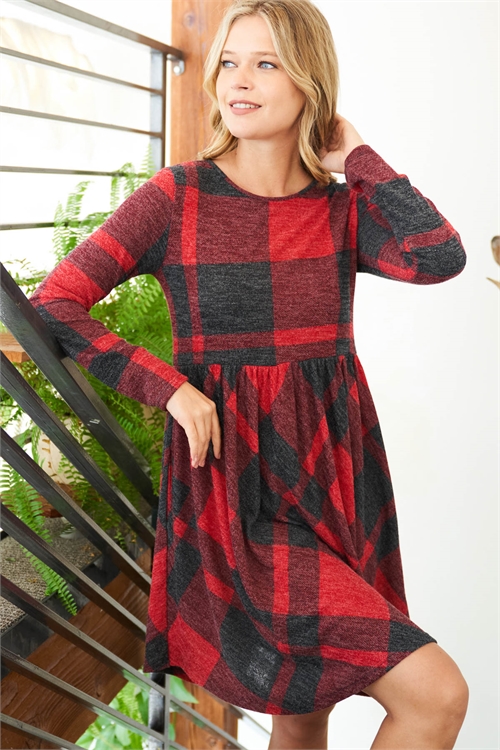 S5-10-3-PPD10321-RDBK-1 - LONG SLEEVE ELASTIC WAIST PLAID DRESS- RED-BLACK 1-2-2-1