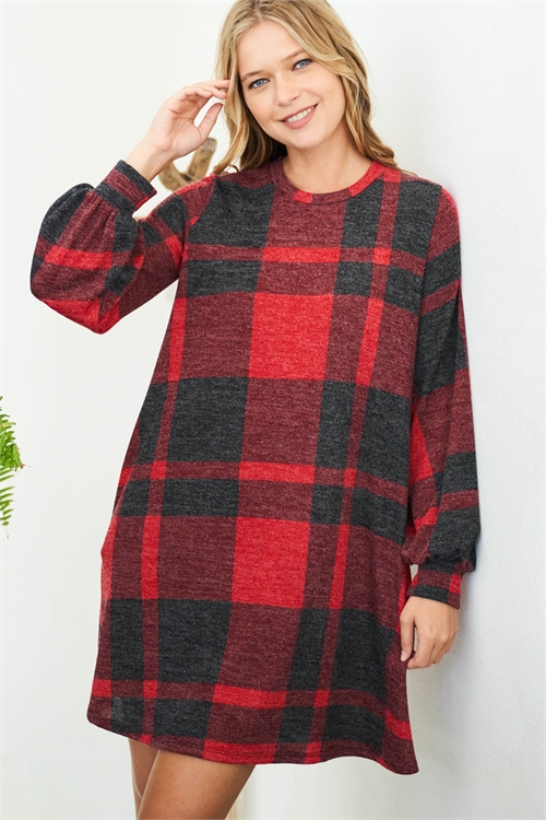 BLK-5-2-PPD10322-BKRD-A -PUFF SLEEVE PLAID DRESS WITH INSEAM POCKET-BLACK-RED 3-4-0-0