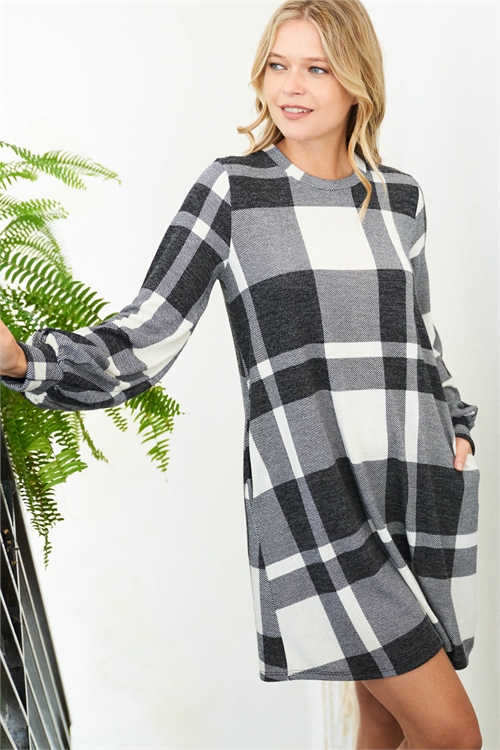 S8-14-2-PPD10322-BKWT - PUFF SLEEVE PLAID DRESS WITH INSEAM POCKET- BLACK-WHITE 1-2-2-2