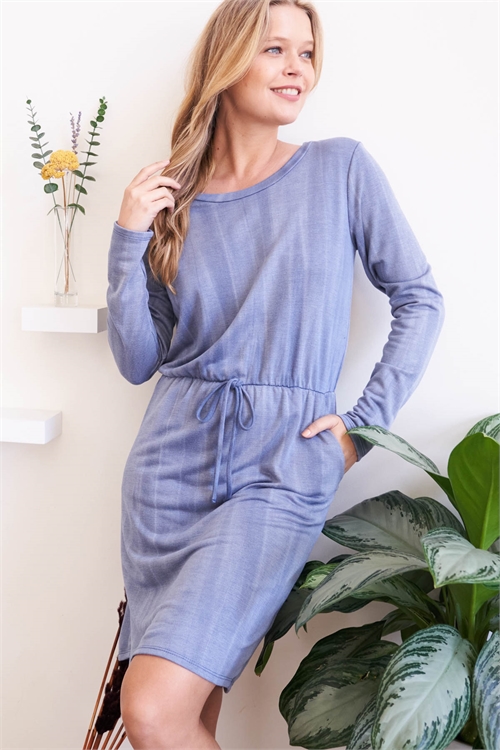 S10-20-2-PPD10325-JNS - TIE DYE LONG SLEEVE ELASTIC WAIST WASHED DRESS- JEANS 1-2-2-2 (NOW $6.75 ONLY!)