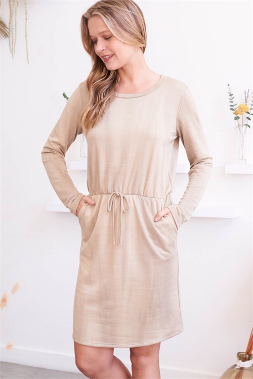 S8-1-3-PPD10325-MC - TIE DYE LONG SLEEVE ELASTIC WAIST WASHED DRESS- MOCHA 1-2-2-2 (NOW $6.75 ONLY!)